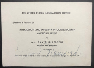 Diamond, David. (1915–2005) Integration and Integrity in Contemporary American Music  - Signed Postcard