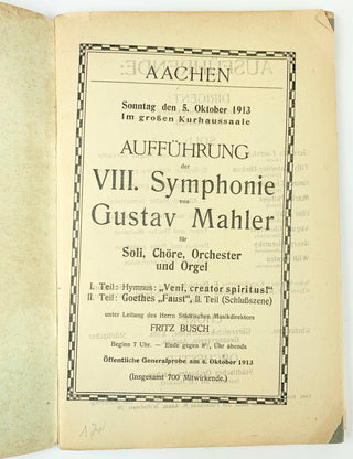 Mahler, Gustav. (1860–1911) Gustav Mahler's VIII. Symphonie. Thematische Analyse mit einer Eintlung und dem Portrat Mahlers. - SPECIAL ISSUE FOR A 1913 PERFORMANCE BY FRITZ BUSCH