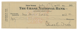 Ives, Charles. (1874–1954) Signed Check to New Music Edition