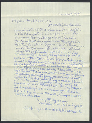 [Ives, Charles. (1874–1954)] [Silverman, Kenneth. (1936–2017)] Van Wyck, Amelia Ives. Autograph Letter about Charles Ives