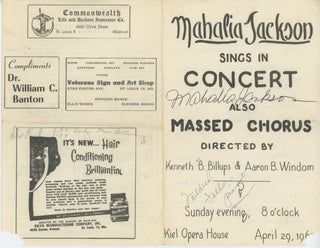 Jackson, Mahalia. (1911–1972) & Falls, Mildred. 1962 Civil Rights Benefit Concert - SIGNED PROGRAM