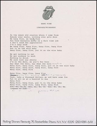 [Jazz &amp; Song] [Rolling Stones] Jagger, Mick. (b. 1943) Lyrics for "Hang Fire."