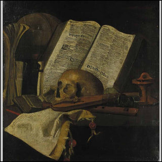 [Fris, Jan. (ca 1627-ca 1672) [ATTRIBUTED TO] Vanitas Still Life with Pochette violin, skull, book, recorder, and overturned glass