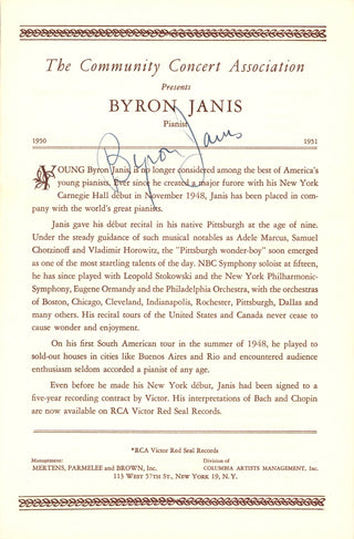 Janis, Byron. (b. 1928) Signed Program