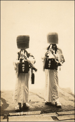 [Japanese Music]  "Itinerant Priests with Shakuhachi" - Vintage Postcard Photograph