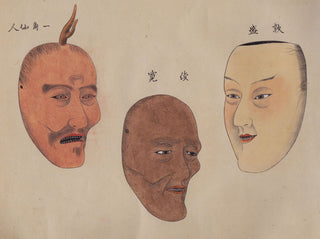 [Theater & Art of Japan] Hand-Painted Scroll with Noh Theater Masks