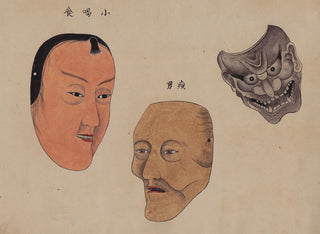 [Theater & Art of Japan] Hand-Painted Scroll with Noh Theater Masks