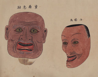 [Theater & Art of Japan] Hand-Painted Scroll with Noh Theater Masks