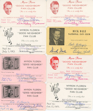 [Welk, Lawrence. (1903 - 1992)] Dale, Dick. (1926 - 2014) & Floren, Myron. (1919 - 2005) & Kesner, Dick. (1912 - 1962) & Metzger, Mary Lou Signed Photographs and Fan Club Membership Cards