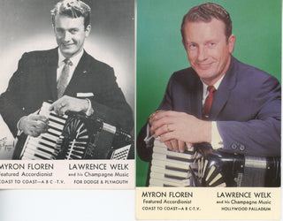 [Welk, Lawrence. (1903 - 1992)] Dale, Dick. (1926 - 2014) & Floren, Myron. (1919 - 2005) & Kesner, Dick. (1912 - 1962) & Metzger, Mary Lou Signed Photographs and Fan Club Membership Cards