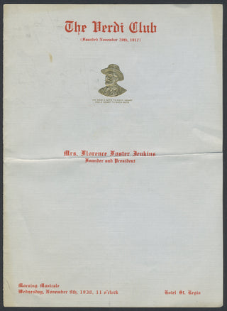 [Jenkins, Florence Foster. (1868-1944)] Original Verdi Club Program