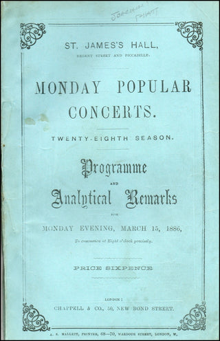 Joachim, Joseph. (1831-1907) &amp; Piatti, Alfredo. (1822 - 1901) Original 1886 Concert Program