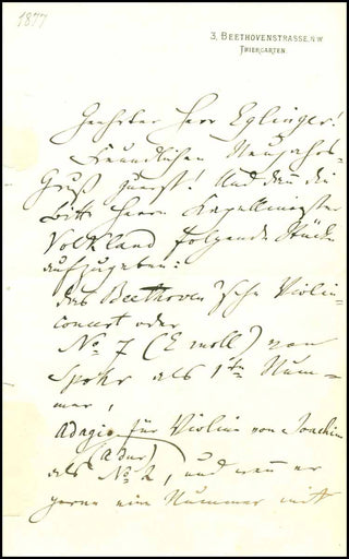 [Violinist] Joachim, Joseph. (1831-1907)  Autograph Letter giving the details of a recital