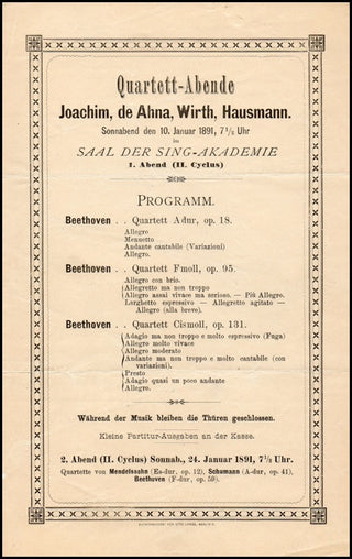 [Beethoven, Ludwig van. (1770–1827)] Joachim, Joseph. (1831–1907) Original Beethoven Quartet Program