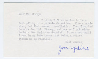 Updike, John. (1932–2009) "It was not until I was in my late teens that being a writer struck me as feasible." - Typed Letter Signed