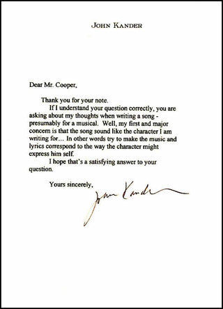 Kander, John. (b. 1927) Typed Letter Signed, regarding his thoughts while writing songs