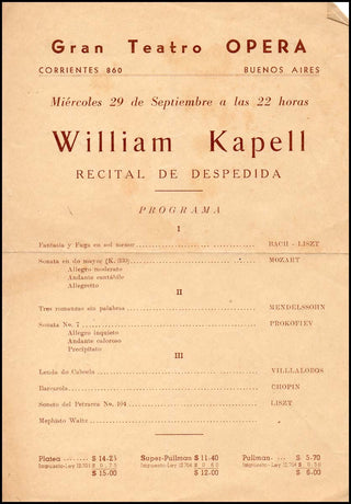 Kapell, William.  (1922-1953) Original Buenos Aires Program