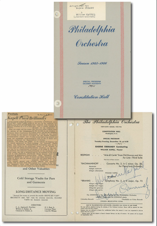 [Rachmaninoff, Sergei. (1873–1943)] Kapell, William.  (1922-1953) & Ormandy, Eugene. (1899–1985) Signed "Rach 2" Program