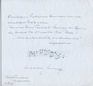 Kempff, Wilhelm. (1895–1991) [Steinway, Theodore E. (1883–1957)] [Bach, Johann Sebastian. (1685–1750)] Bach's Cantata no. 29 - Autograph Musical Quotation Inscribed to Theodore Steinway