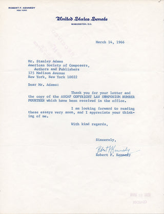 Kennedy, Robert Francis "Bobby". (1925–1968) Signed Letter to ASCAP