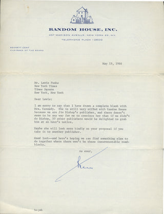 [Kennedy Onassis, Jacqueline. (1929–1994)] Cerf, Bennett. (1898–1971) Typed Letter Signed to Lewis Funke