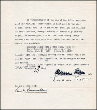 Kern, Jerome. (1885–1945) Signed Song Contract