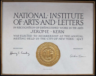 [Kern, Jerome. (1885–1945)] National Institute of Arts and Letters Membership Certificate