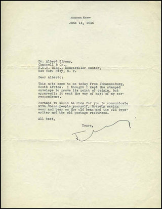 Kern, Jerome. (1885–1945) Signed Letter to his Publisher