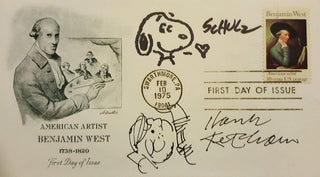 Ketcham, Hank. (1920-2001) & Schulz, Charles M. (1922-2000) Signed First Day Cover with Sketches of Dennis the Menace and Snoopy