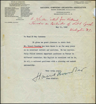 Kindler, Hans. (1892–1949) Signed Letter