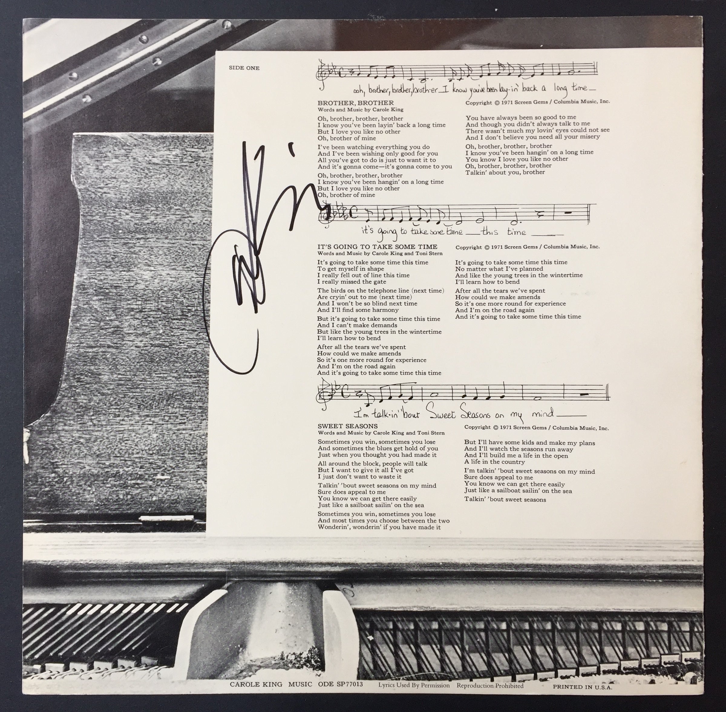 King, Carole. (b. 1942) Signed Liner Notes from 