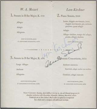 Kirchner, Leon. (b. 1919) & Schneider, Alexander. (1908-1993) Signed 1959 Mozart/Kirchner Recital Program