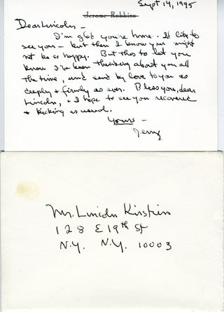 [Kirstein, Lincoln. (1907 - 1996)] Robbins, Jerome. (1918-1998)  Collection of Autograph Letters from Robbins to Kirstein