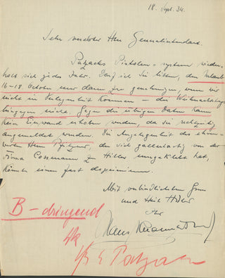 Knappertsbusch, Hans. (1888–1965) [Krauss, Clemens. (1893–1954)] [Pfitzner, Hans Eric. (1869–1949)] Autograph Letter Signed mentioning the composer Hans Pfitzner and Adolf Hitler