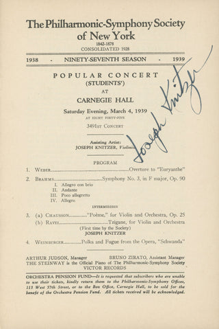 Knitzer, Joseph. (1913–1967) Signed Program