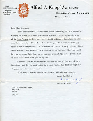 [Monteux, Pierre. (1875–1964)] Knopf, Alfred. A. (1892–1984) Typed Letter Signed, Soliciting a Book from Monteux