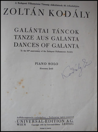 Kodály, Zoltán. (1882-1967) Dances of Galanta, SIGNED