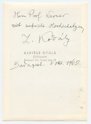 Kodály, Zoltán. (1882–1967)  [Kertész, Gyula. (1888-1982)] [Warner, Eric. (1901 - 1988)] Pair of Signed Photographs to an important scholar of Jewish Music