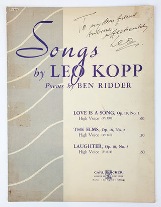 Kopp, Leo. (1889–1952[?]) "Songs by Leo Kopp" - Signed Sheet Music