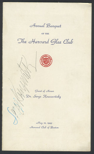 Koussevitzky, Serge. (1874–1951) Signed Banquet Menu with Two BSO Concert Programs