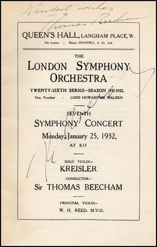 Kreisler, Fritz. (1875–1962) & Beecham, Thomas. (1879–1961) Signed 1932 Program