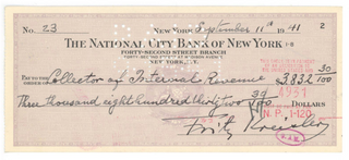 Kreisler, Fritz. (1875–1962) Signed Check to the IRS