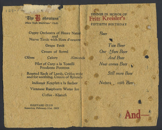 Kreisler, Fritz. (1875–1962) Original Dinner Menu from his Fiftieth Birthday