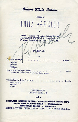 Kreisler, Fritz. (1875–1962) Signed Program