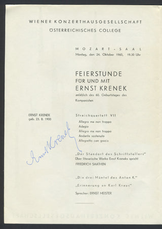 Krenek, Ernst. (1900–1991) Signed Program