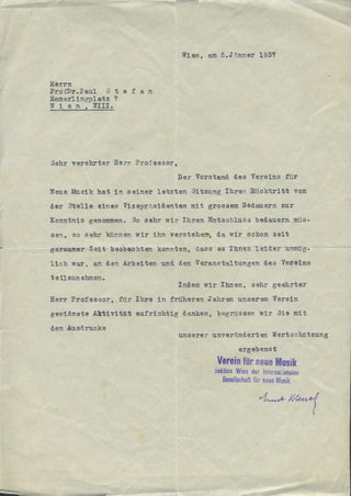 Krenek, Ernst. (1900–1991) [Stefan, Paul. (1879–1943)] Typed Letter with Stamped Signature