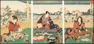 [Japanese Music] Kunisada aka Toyokuni III. (1786-1865)  "Musicians Playing on the Veranda" - Ukiyo-e color woodblock triptych