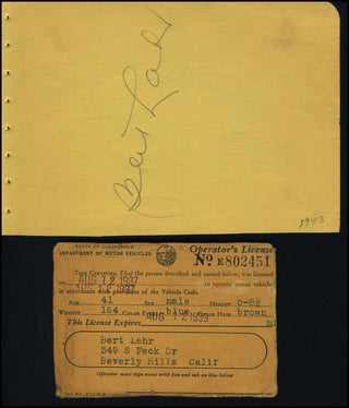 [Hollywood] Lahr, Bert. (1895–1967) Autograph Signature and Driver's License of the Cowardly Lion!