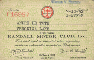 Lake, Veronica. (1922-1973) Trio of Automotive Cards, including a Signed Automobile Club Membership Card