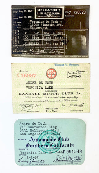 Lake, Veronica. (1922-1973) Trio of Automotive Cards, including a Signed Automobile Club Membership Card